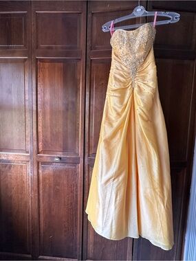 Strapless Yellow Prom Dress with Beaded Bodice